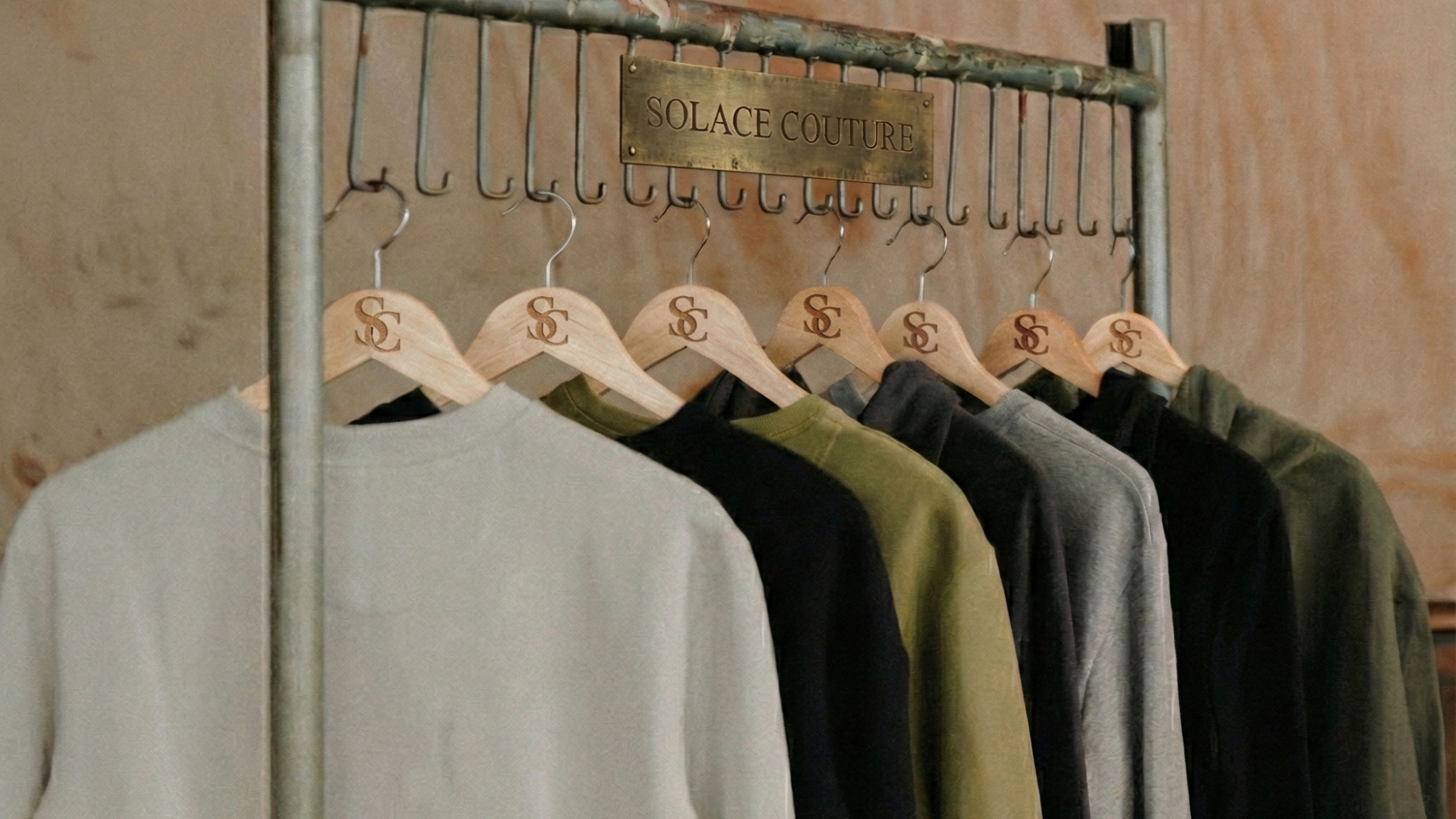 Clothing rack with various shirts on wooden hangers against a wooden background